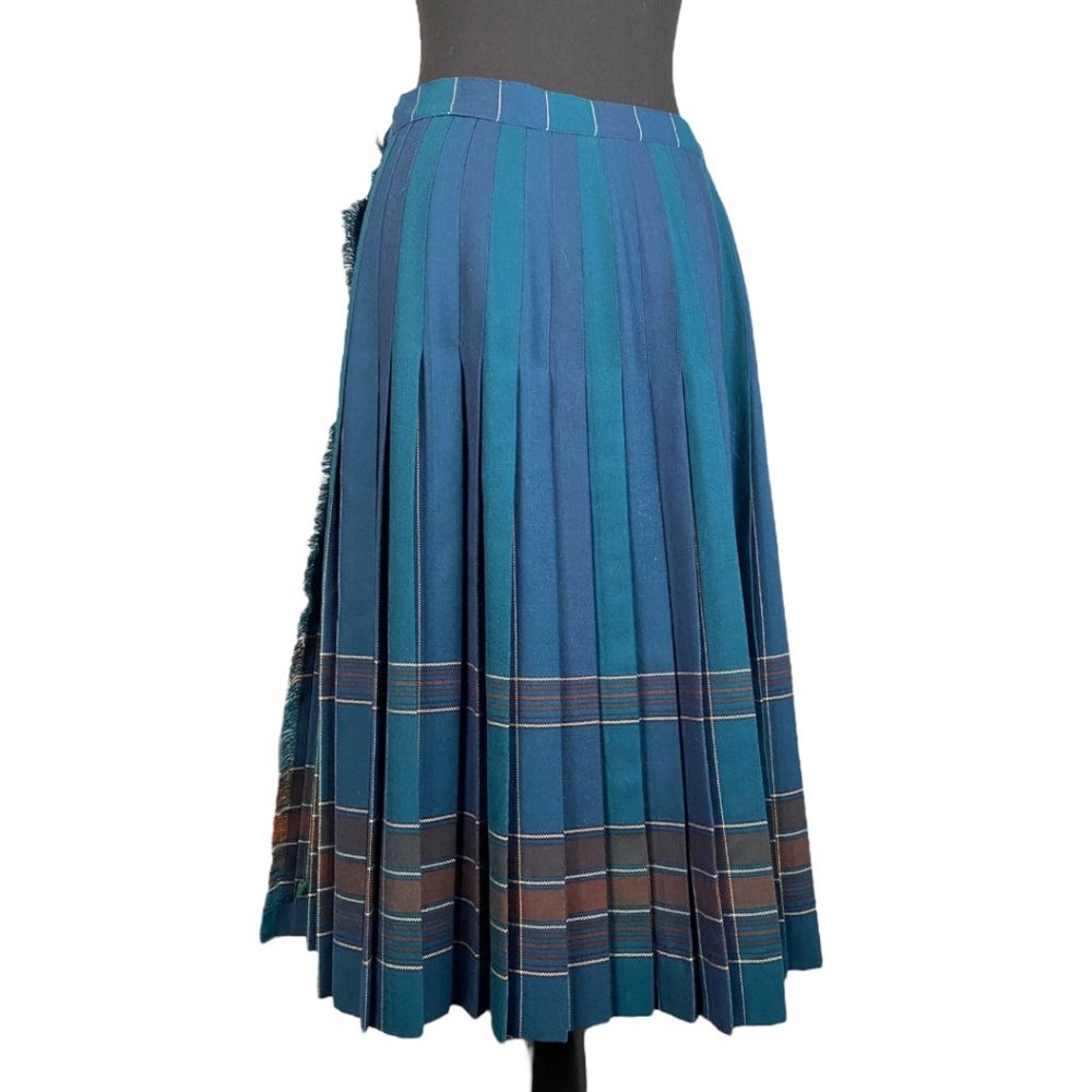 Vintage Blue Teal Striped Pleated A-Line Skirt - Picture 2 of 10